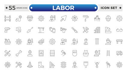 Labor outline icon set. Contains linear outline icons like Helmet, Screwdriver, Worker, Vest, Flag, Crane, Brick, Roller, Gear, Construction, Builder, Factory, Hardhat. Editable stroke outline icon. 
