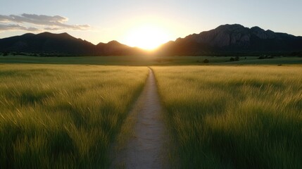 Obraz premium Sunrise path through tall grass field, leading to mountains. A serene, golden sunset casts long shadows. 