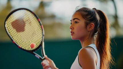 Focused Tennis Player: Determined young woman ready for her next serve