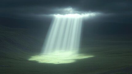 Divine light pierces a stormy sky, illuminating a tranquil valley