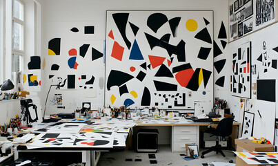Artist's studio filled with vibrant abstract artwork, showcasing a creative workspace with colorful geometric designs and a large-scale canvas.