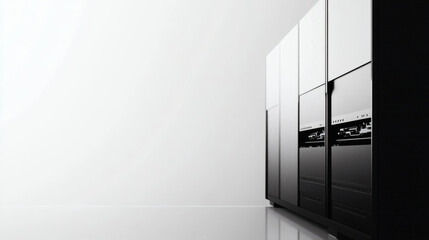 Modern Black Storage Cabinet Furniture with Glossy Reflective Surface in Minimalist Interior Design