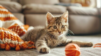 A playful kitten chasing a ball of yarn in a cozy living room.