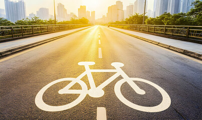 Urban bike lane, sunlit city road with bicycle symbol, modern cityscape background.