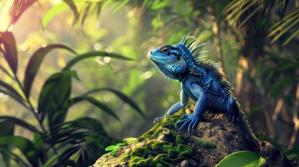A beautifully colored blue exotic animal such as a blue lizard against a bright jungle backdrop.