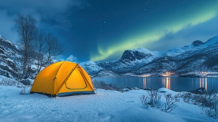 Snowy Campsite, Aurora Borealis, Fjord