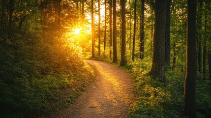 Fototapeta premium Golden Hour Forest Path: A Serene Sunset Walk