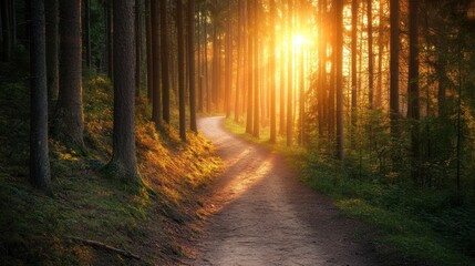 Naklejka premium Sunlit Path in a Mystical Forest: Golden Hour Serenity