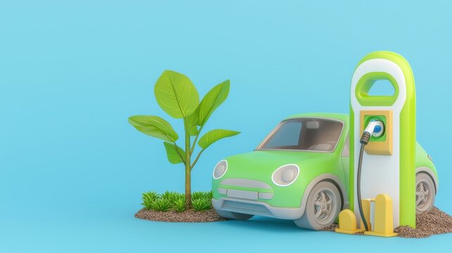An electric vehicle charging at a renewable energy charging station surrounded by lush greenery representing a sustainable and eco friendly mode of transportation