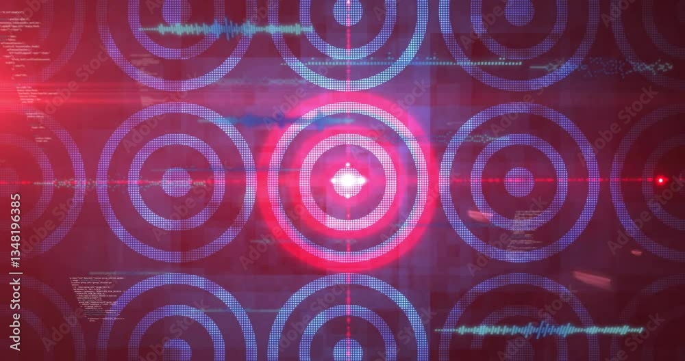 Poster Animation of glowing red target patterns with digital waveforms overlaying data