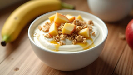 Creamy vegan yogurt with granola and chopped fruits. Honey creates a satisfying and nutritious snack.