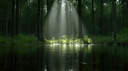 Obraz premium Sunlight streams through a misty forest