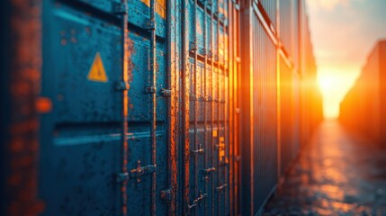 Metallic blue containers stacked, sunlight reflecting, blurred perspective, urban