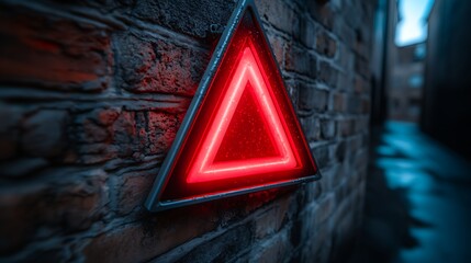 Warning light sign on brick wall, street background