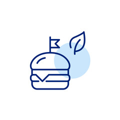 Craft burger and leaf. Vegan or vegetarian diet. Healthy fast food, organic natural ingredients. Plant-based fast food. Pixel perfect, editable stroke vector icon