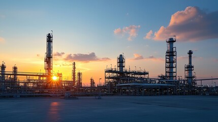 Fototapeta premium Stunning sunset view of a large scale oil and gas refinery complex with intricate network of pipelines towers and industrial equipment silhouetted against the vibrant sky