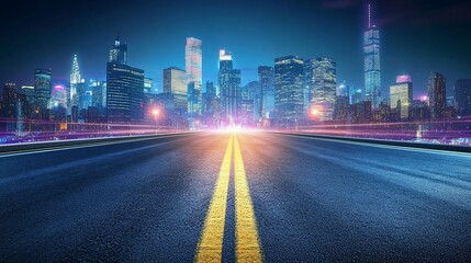 Fototapeta premium Illuminated urban cityscape at night with an empty asphalt road