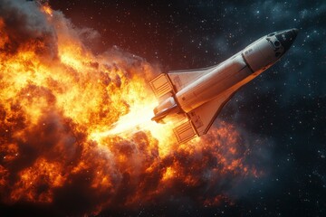 Obraz premium Rocket launching into space with vibrant flames and smoke against a starry background