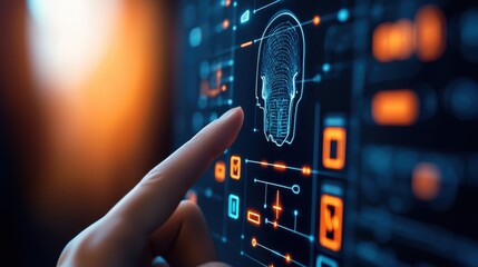 AI Healthcare Cybersecurity concept. Futuristic interface with fingerprint recognition technology.