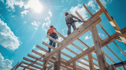 Workers installing floor joists in a new building.
