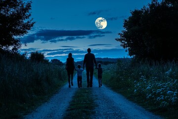 A family walking along a quiet country road, the moon lighting their path