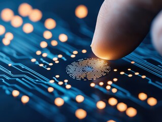 AI Healthcare Cybersecurity concept. Fingerprint sensor on a circuit board with glowing elements.