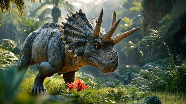 Majestic Triceratops: A vibrant, photorealistic portrayal of a Triceratops, roaming through a prehistoric, lush jungle environment. The dinosaur is detailed.