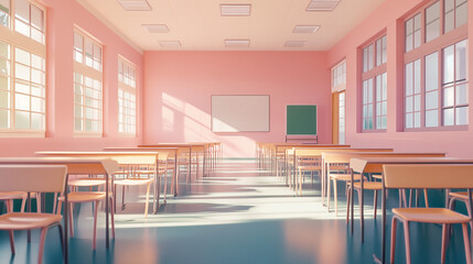 明るく清潔感のある青い校舎の廊下と大きな窓