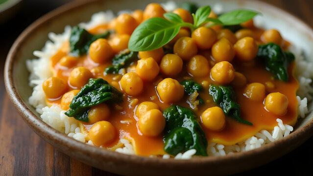 A hearty vegan curry with chickpeas, spinach, and coconut milk. Turmeric and cumin create a flavorful and comforting dish.
