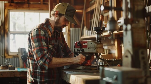 A worker operating a drill press in a workshop.