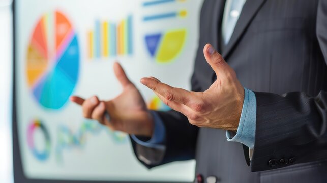 A person in business attire making a presentation with slides.