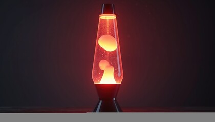 Isolated lava lamp glows against dark backdrop. Red, orange, yellow bubbles float, creating warm ambiance. Light object, home decor, retro vibe, night scene background. Relaxation, meditation concept.