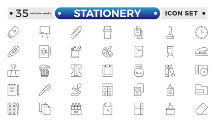 Stationery outline Icons set. Backpack, Book, learning, school. Learning icon set. Contains study, graduation, student, knowledge, learning, and school. Editable stroke outline icon. 