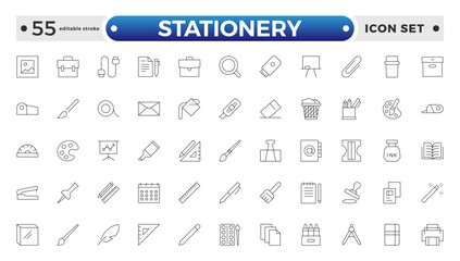 Stationery outline Icons set. Backpack, Book, learning, school. Learning icon set. Contains study, graduation, student, knowledge, learning, and school. Editable stroke outline icon. 