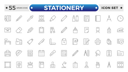 Stationery outline Icons set. Backpack, Book, learning, school. Learning icon set. Contains study, graduation, student, knowledge, learning, and school. Editable stroke outline icon. 