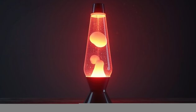 Isolated lava lamp glows against dark backdrop. Red, orange, yellow bubbles float, creating warm ambiance. Light object, home decor, retro vibe, night scene background. Relaxation, meditation concept. - Powered by Adobe