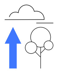 Blue arrow indicating upward movement beside simple tree and cloud shapes, representing growth, green initiatives, and potential. Ideal for nature, ecology, sustainability, progress, growth