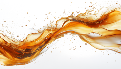 Abstract amber liquid splash flowing dynamically with air bubbles isolated with Transparent Background