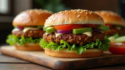 Satisfying vegan burgers with lentils, chickpeas, and fresh vegetables. Vegan mayo creates a creamy and nutritious meal.