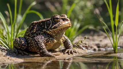 Obraz premium American Toad on Sandy Patch by Creek with Sunlight and Wildflowers