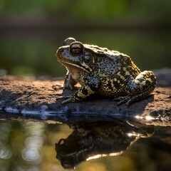 Fototapeta premium Serene American Toad by Pond's Edge, Bathed in Gentle Twilight Glow