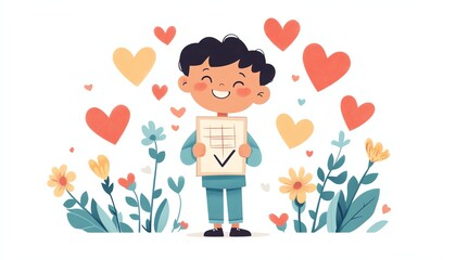 A joyful boy holding a checkmarked paper, surrounded by colorful hearts and blooming flowers, symbolizing positivity and accomplishment