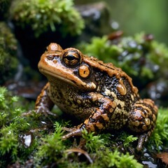 Obraz premium American Toad on Mossy Rock in Damp Forest with Bulging Eyes