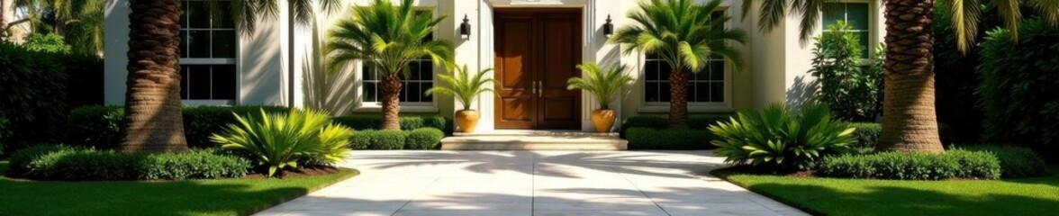 Gleaming pavers, lush palms frame grand home entrance, tropical plants, sun