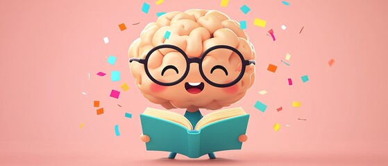 A playful and cute cartoon brain wearing glasses, reading a book with vibrant confetti swirling around, symbolizing the joy of knowledge and creativity