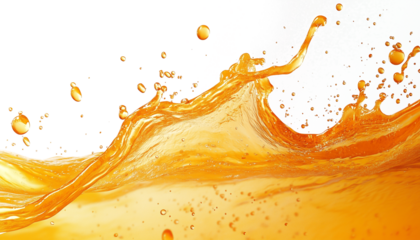Abstract image of vibrant orange liquid splashing and flowing with droplets and bubbles isolated with Transparent Background
