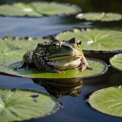 American Water Frog on Lily Pad with Sunlit Reflection