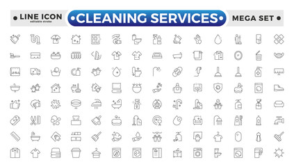 Cleaning Services icon set with broom, mop, vacuum cleaner, dustpan, duster, cleaning cloth, sponge, brush, cleaning spray, and bucket icon. Laundry, Window sponge. Editable stroke outline icon. 