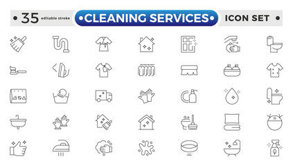 Cleaning Services icon set with broom, mop, vacuum cleaner, dustpan, duster, cleaning cloth, sponge, brush, cleaning spray, and bucket icon. Laundry, Window sponge. Editable stroke outline icon. 