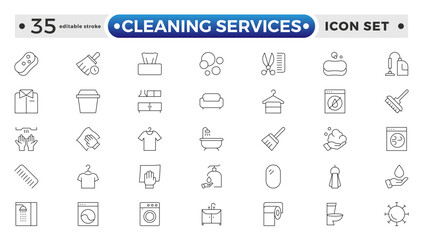 Cleaning Services icon set with broom, mop, vacuum cleaner, dustpan, duster, cleaning cloth, sponge, brush, cleaning spray, and bucket icon. Laundry, Window sponge. Editable stroke outline icon. 